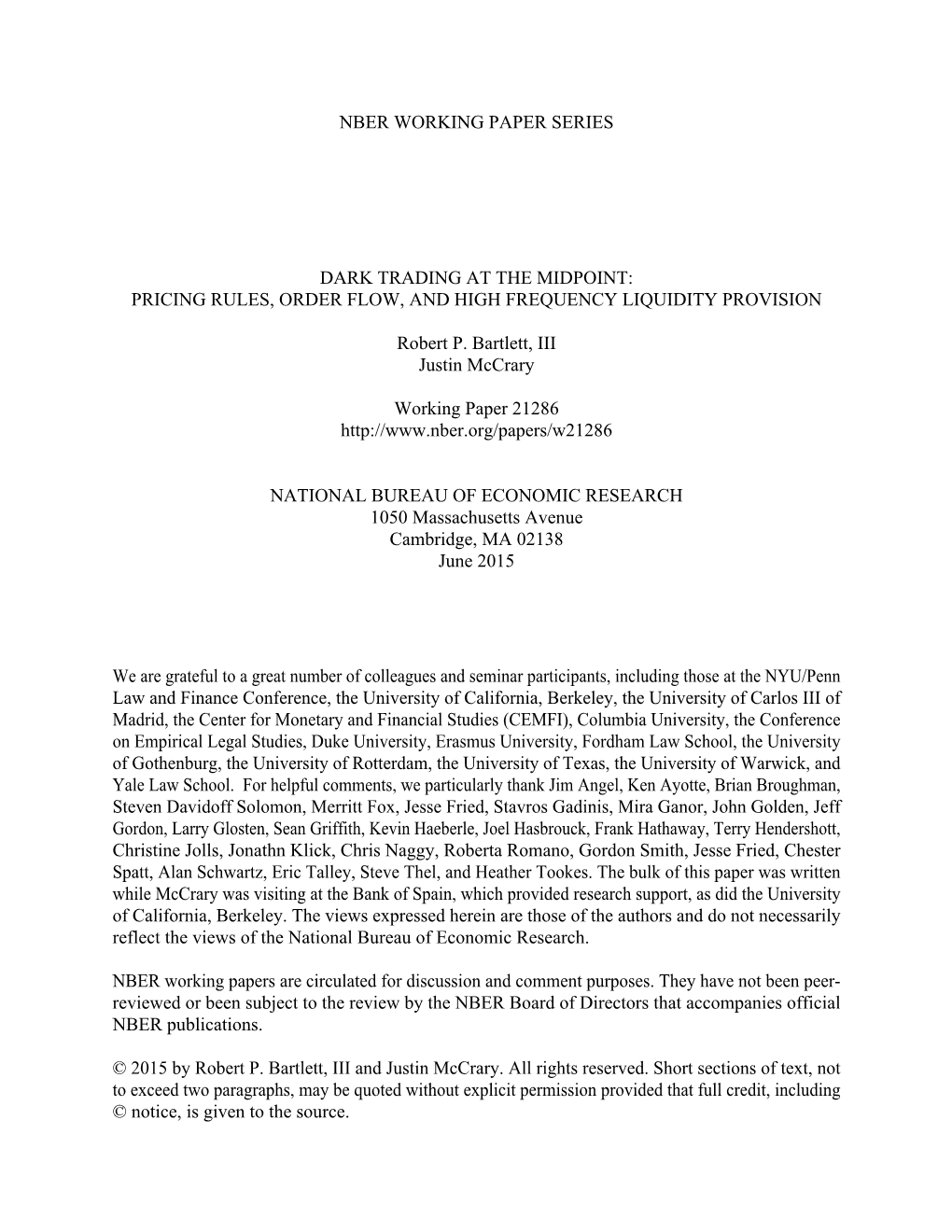 Nber Working Paper Series Dark Trading at The