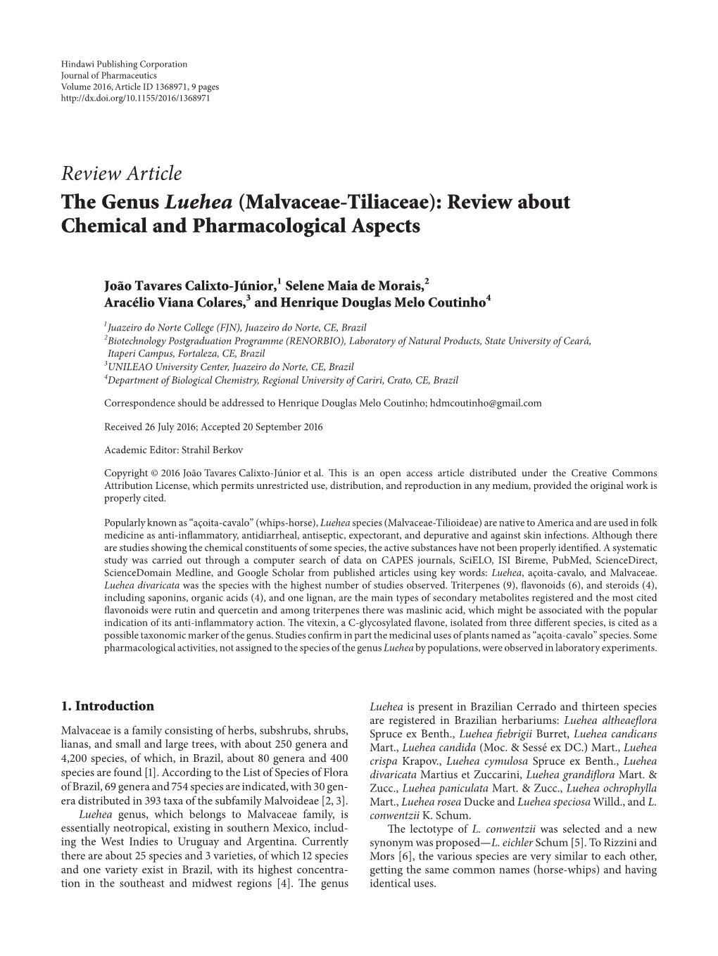The Genus Luehea (Malvaceae-Tiliaceae): Review About Chemical and Pharmacological Aspects