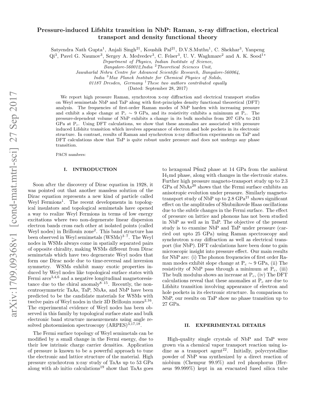 Arxiv:1709.09368V1 [Cond-Mat.Mtrl-Sci] 27 Sep 2017 Electronic Band Structure Measurements Using Angle Re- Solved Photoemission Spectroscopy (ARPES)3,17,18