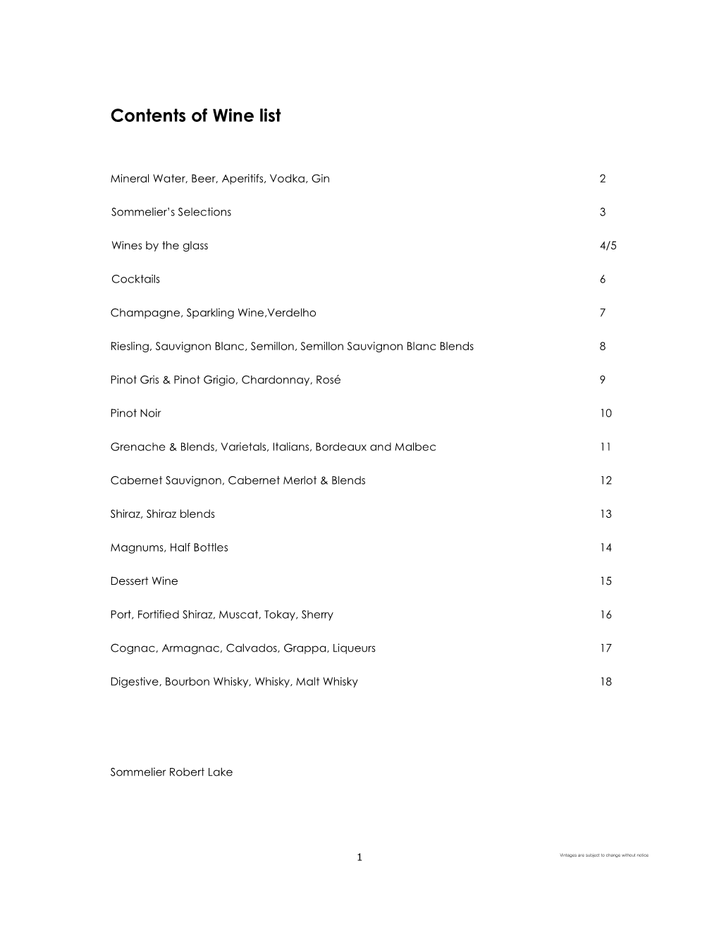 Contents of Wine List