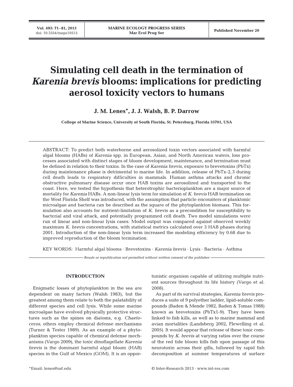 Simulating Cell Death in the Termination of Karenia Brevis Blooms: Implications for Predicting Aerosol Toxicity Vectors to Humans