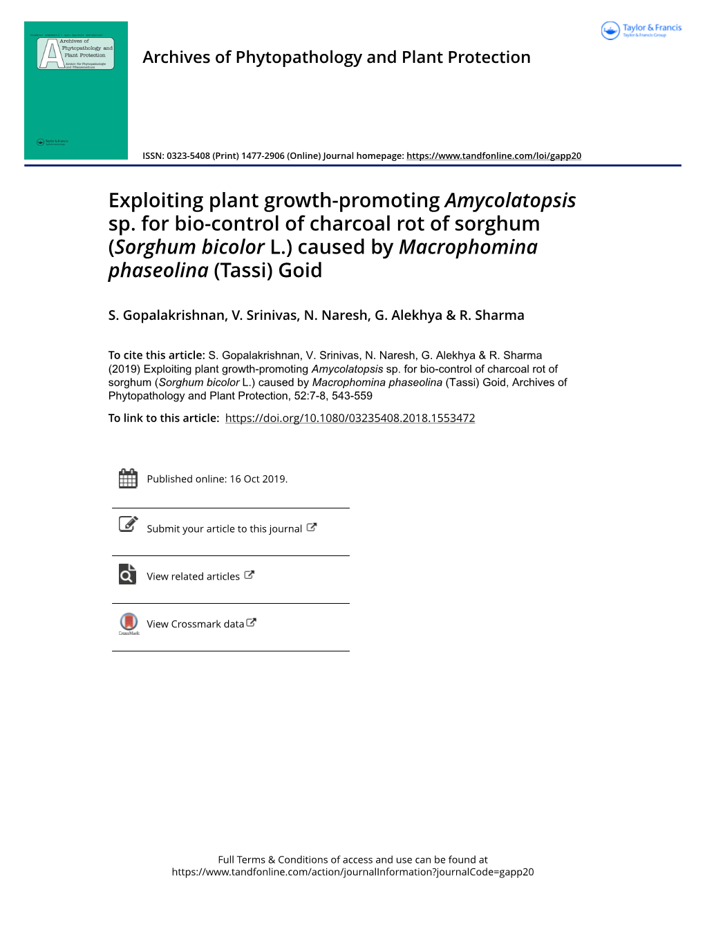 Exploiting Plant Growth-Promoting Amycolatopsis Sp. for Bio-Control of Charcoal Rot of Sorghum (Sorghum Bicolor L.) Caused by Macrophomina Phaseolina (Tassi) Goid