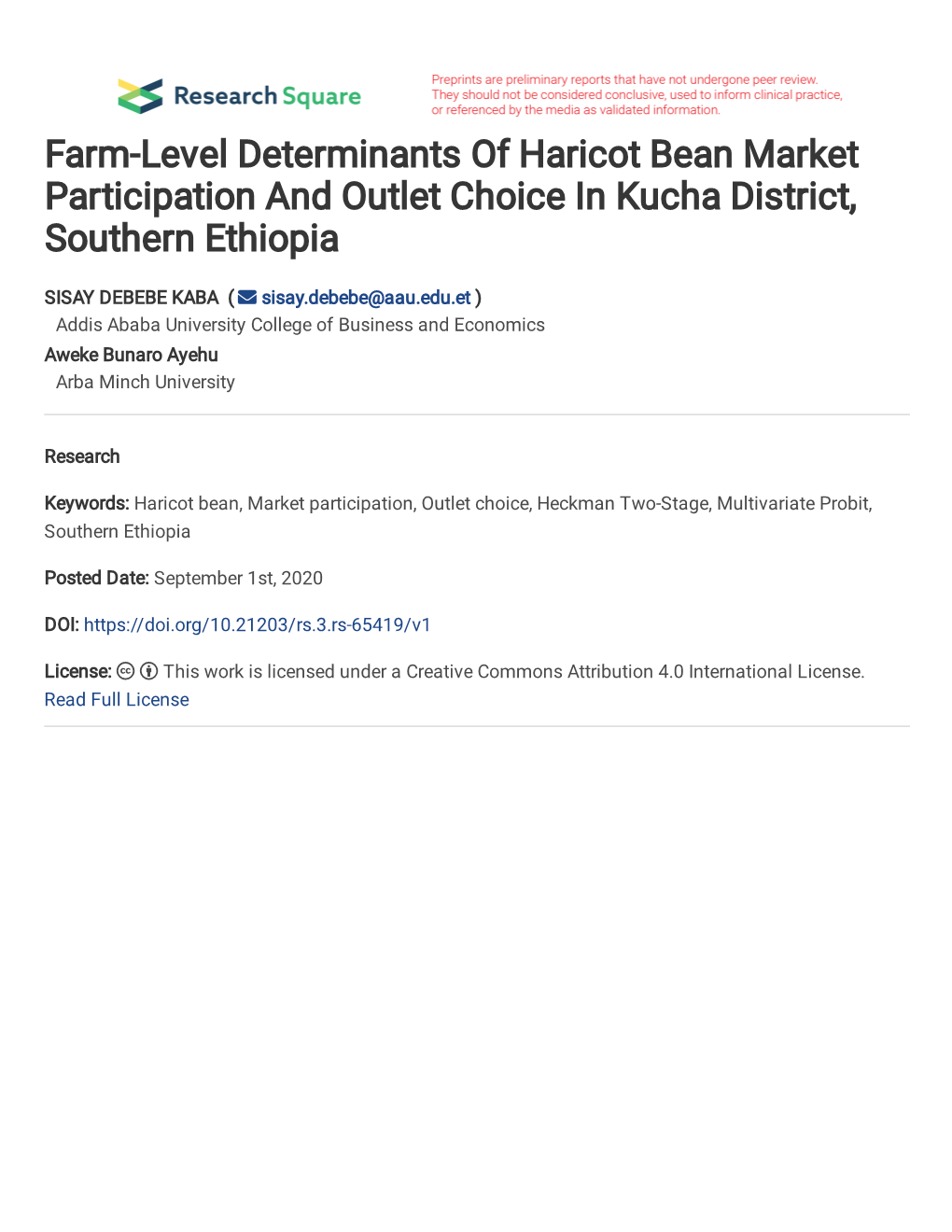 Farm-Level Determinants of Haricot Bean Market Participation and Outlet Choice in Kucha District, Southern Ethiopia
