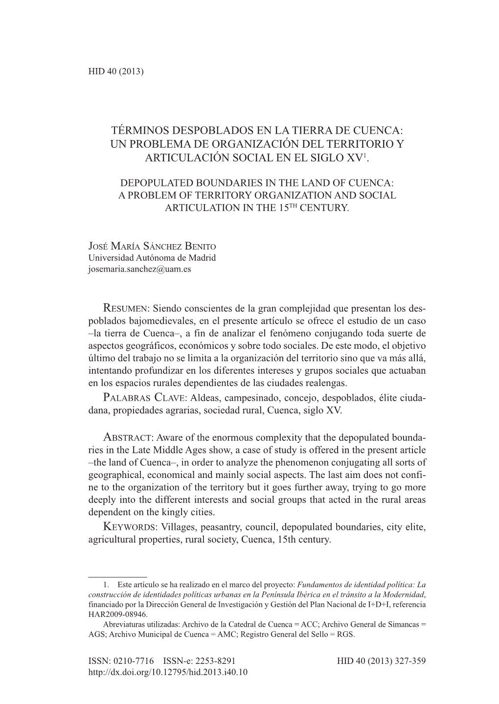 Términos Despoblados En La Tierra De Cuenca: Un Problema De Organización Del Territorio Y Articulación Social En El Siglo Xv1