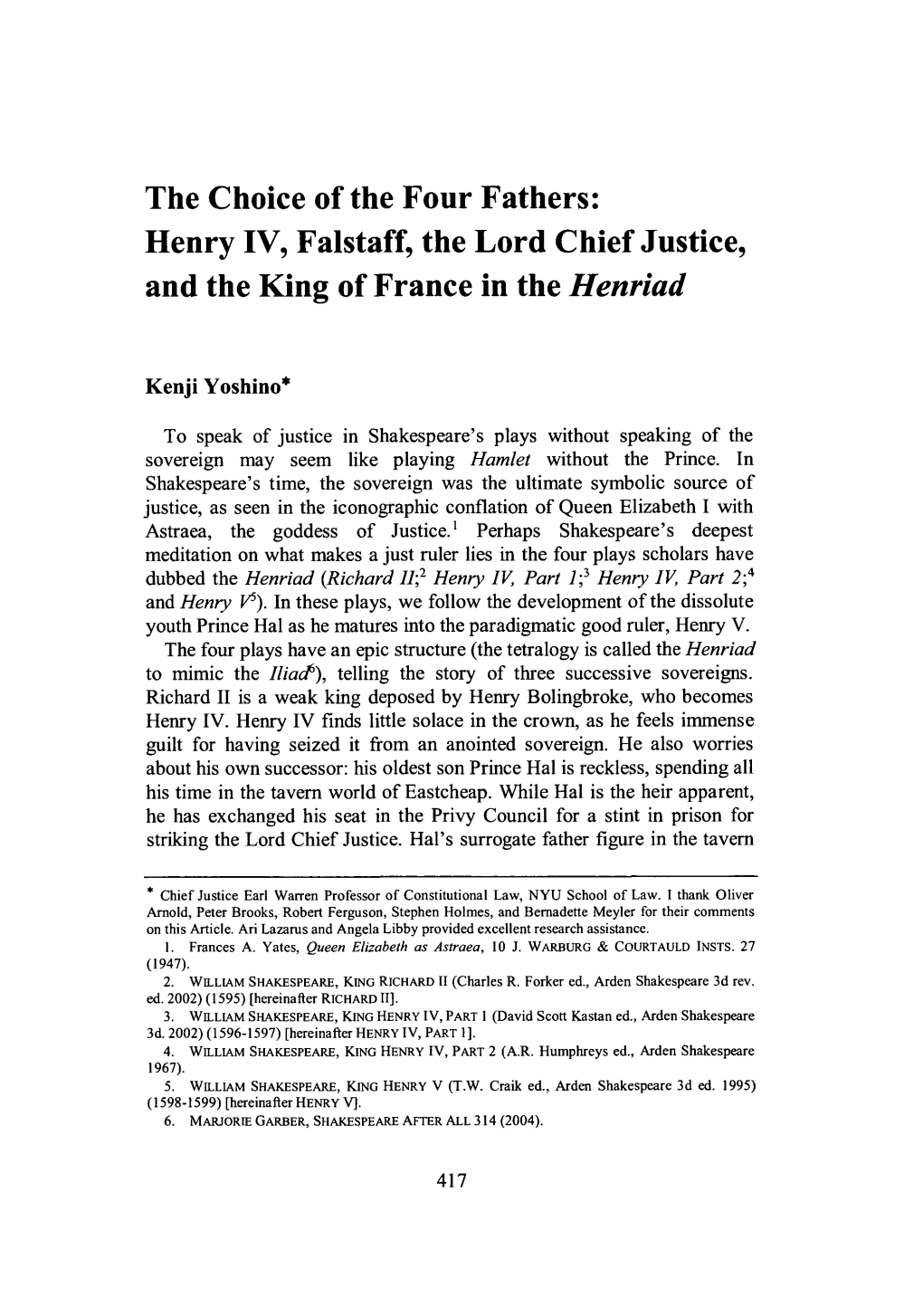 Henry IV, Falstaff, the Lord Chief Justice, and the King of France in the Henriad