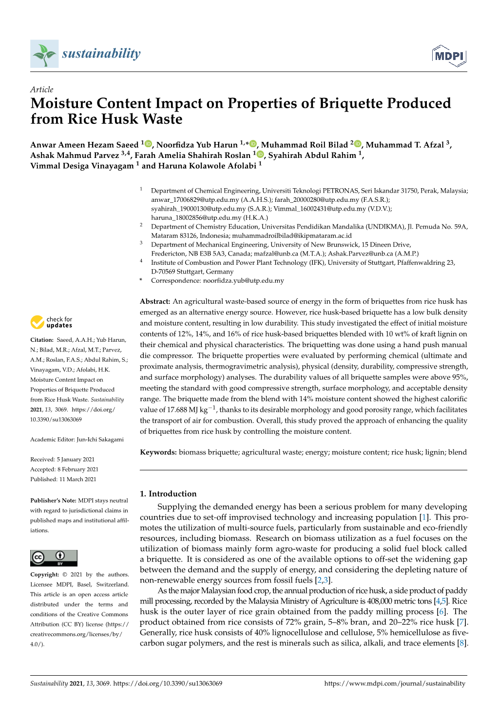 Moisture Content Impact on Properties of Briquette Produced from Rice Husk Waste