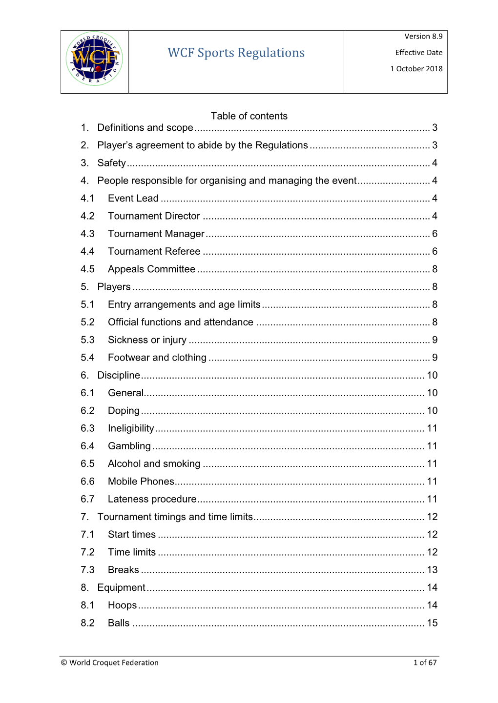 WCF Sports Regulations Effective Date 1 October 2018