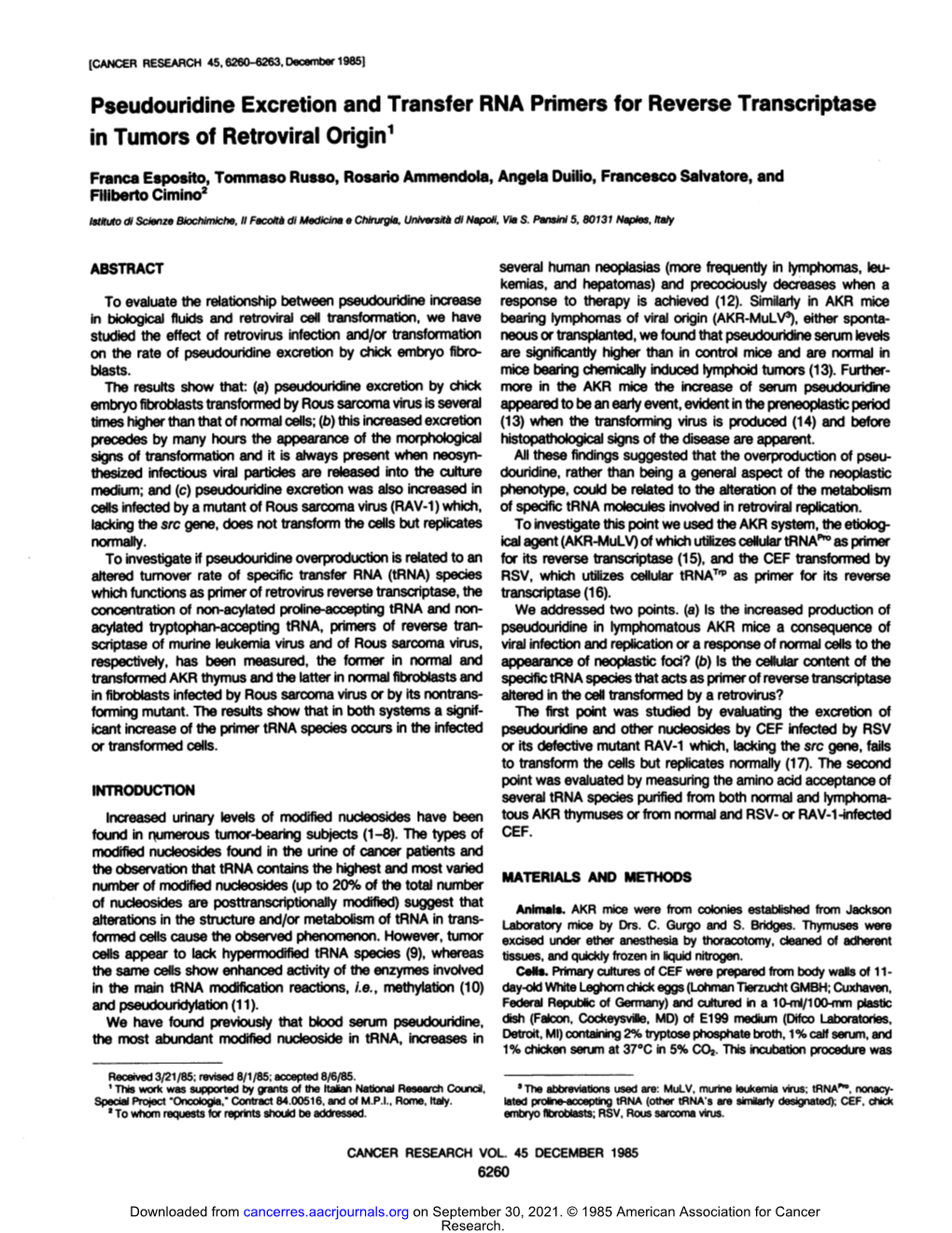 Pseudouridine Excretion and Transfer RNA Primers for Reverse Transcriptase in Tumors of Retroviral Origin1