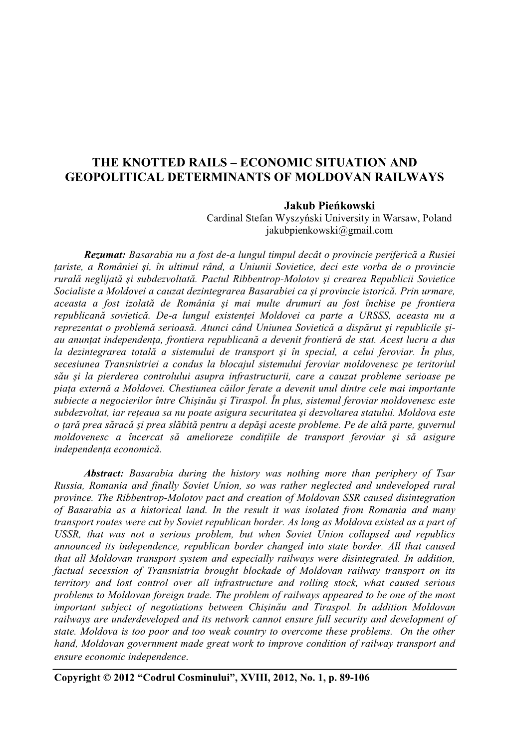 Economic Situation and Geopolitical Determinants of Moldovan Railways