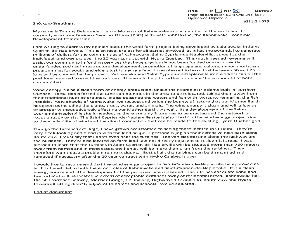 PDNPIXI DM107 Projetde Parcéoliensaint-Cyprienà Saint Cyprien-De-Napierville 6211-24-075 She: Kon/Greetings