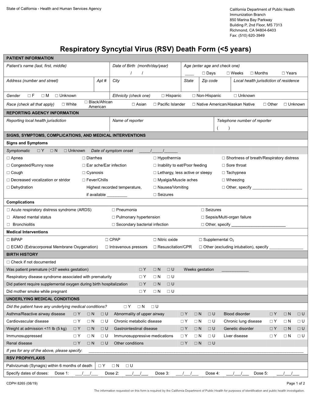 Respiratory Syncytial Virus (RSV) Death Form <5 Years