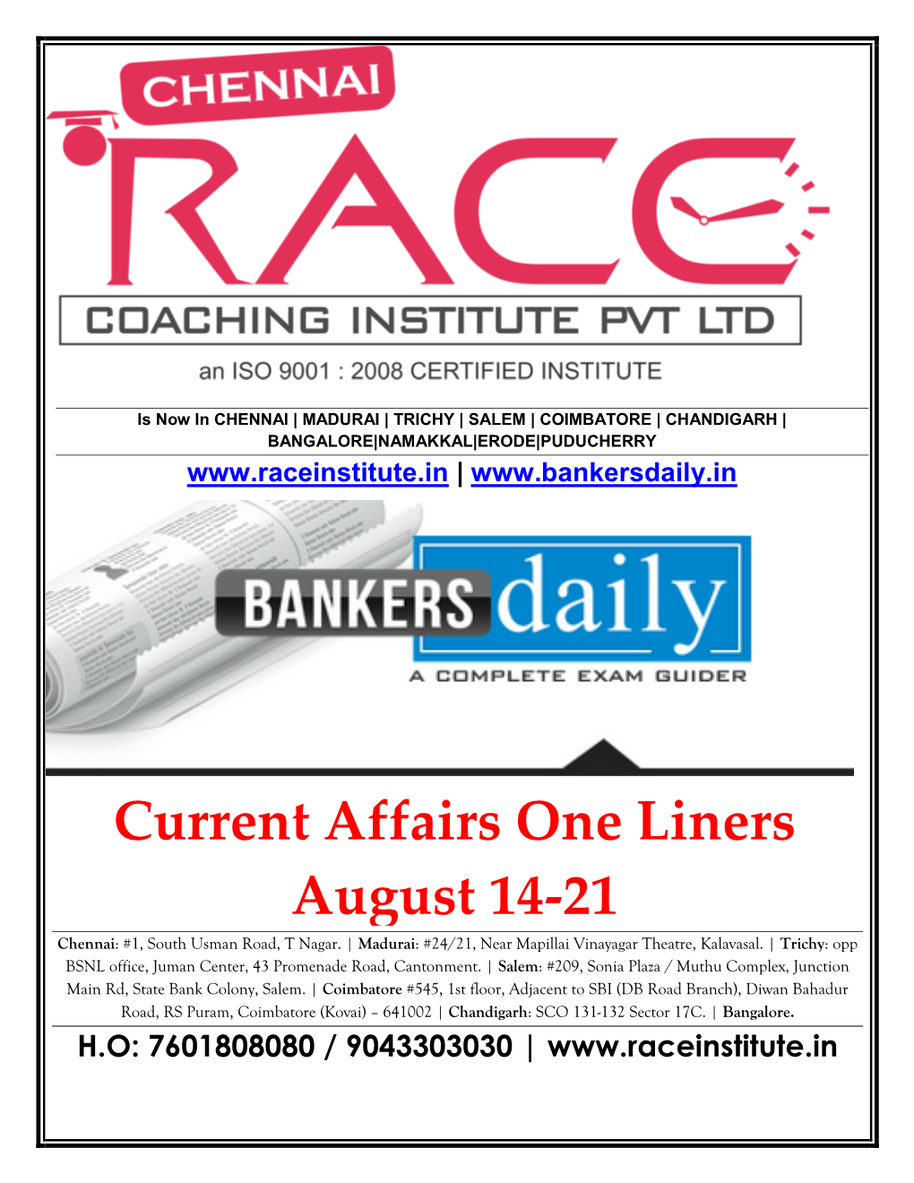 Current Affairs One Liners August 14-21