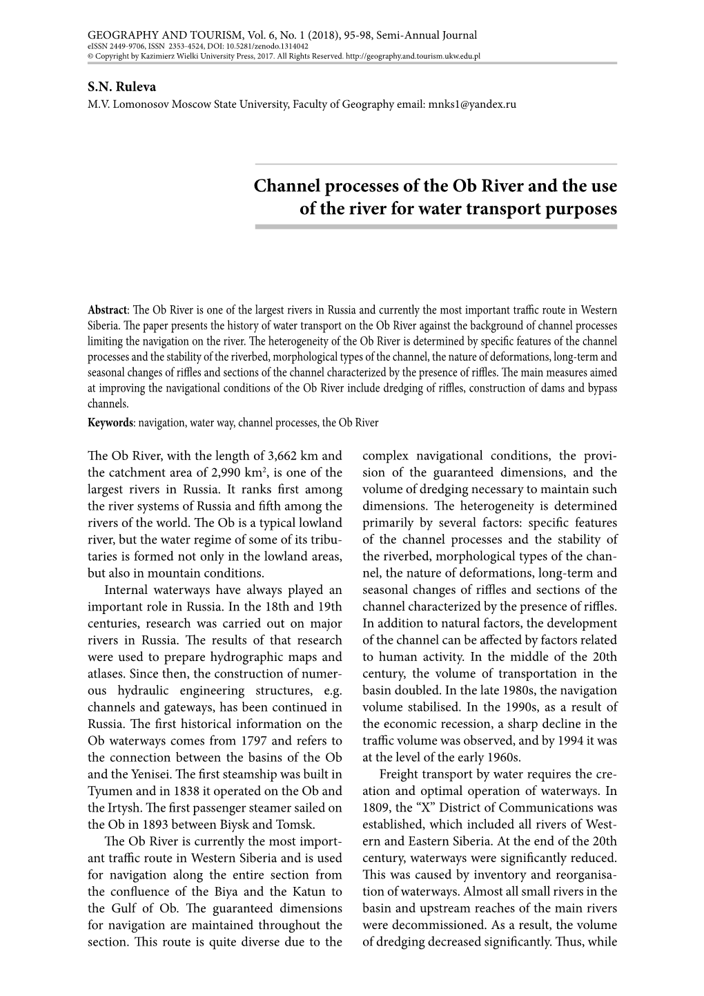 Channel Processes of the Ob River and the Use of the River for Water Transport Purposes