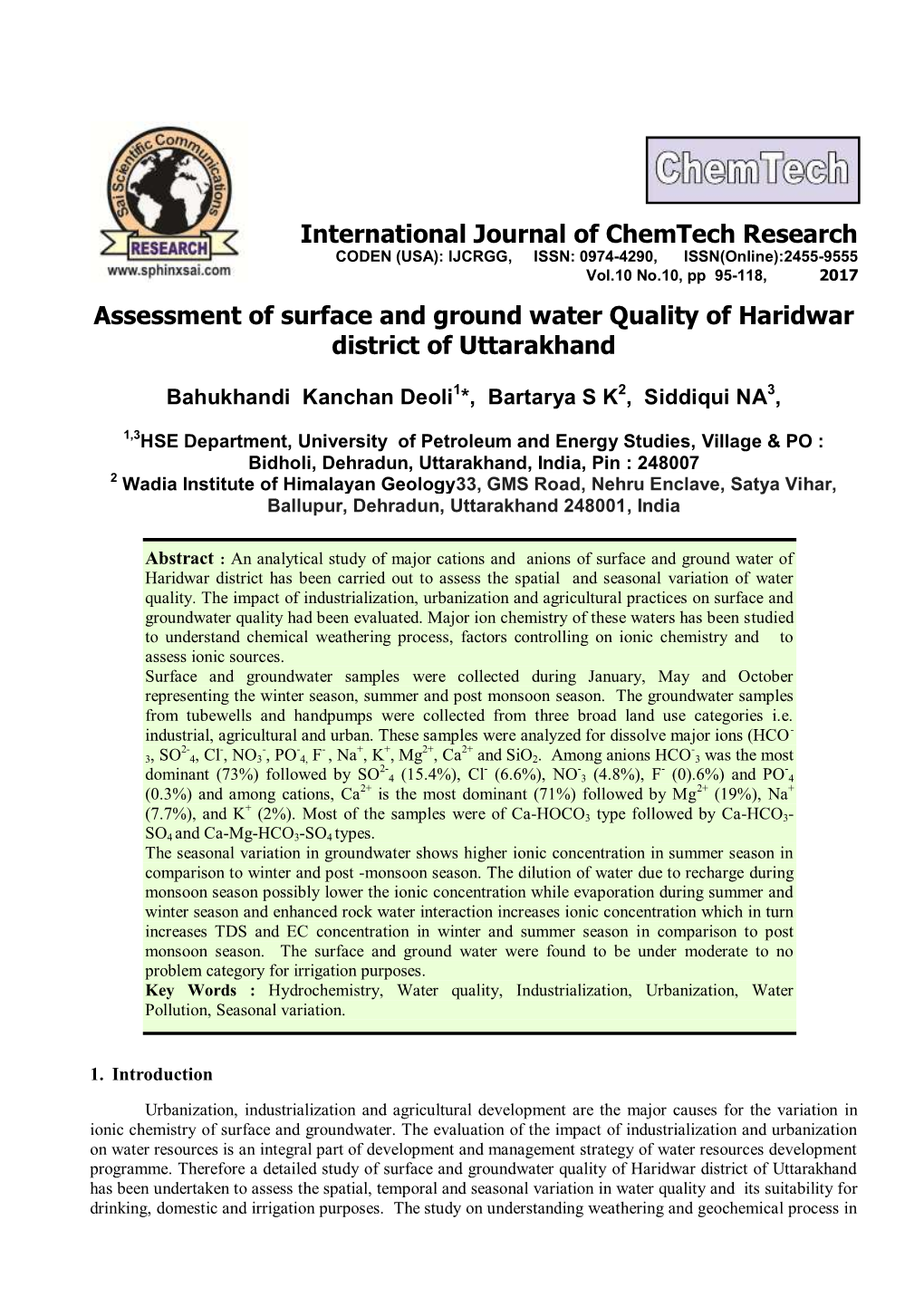 Assessment of Surface and Ground Water Quality of Haridwar District of Uttarakhand