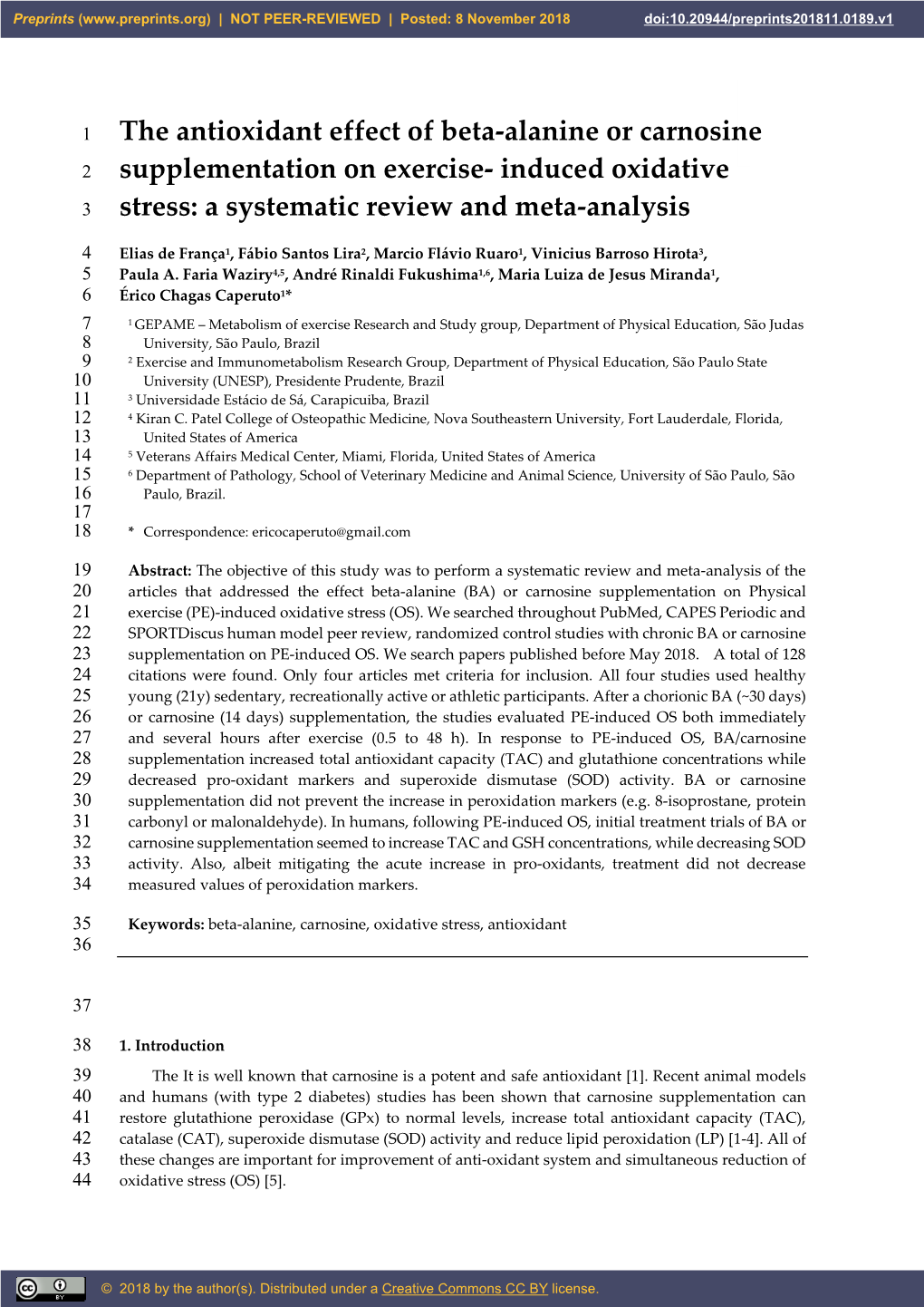 The Antioxidant Effect of Beta-Alanine Or Carnosine Supplementation on Exercise