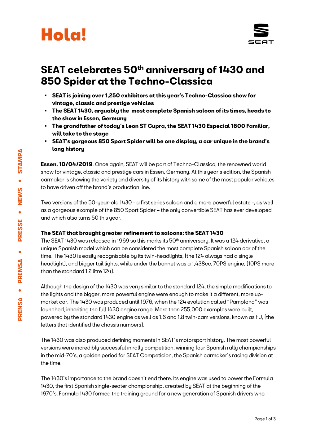 SEAT Celebrates 50Th Anniversary of 1430 and 850 Spider at the Techno-Classica