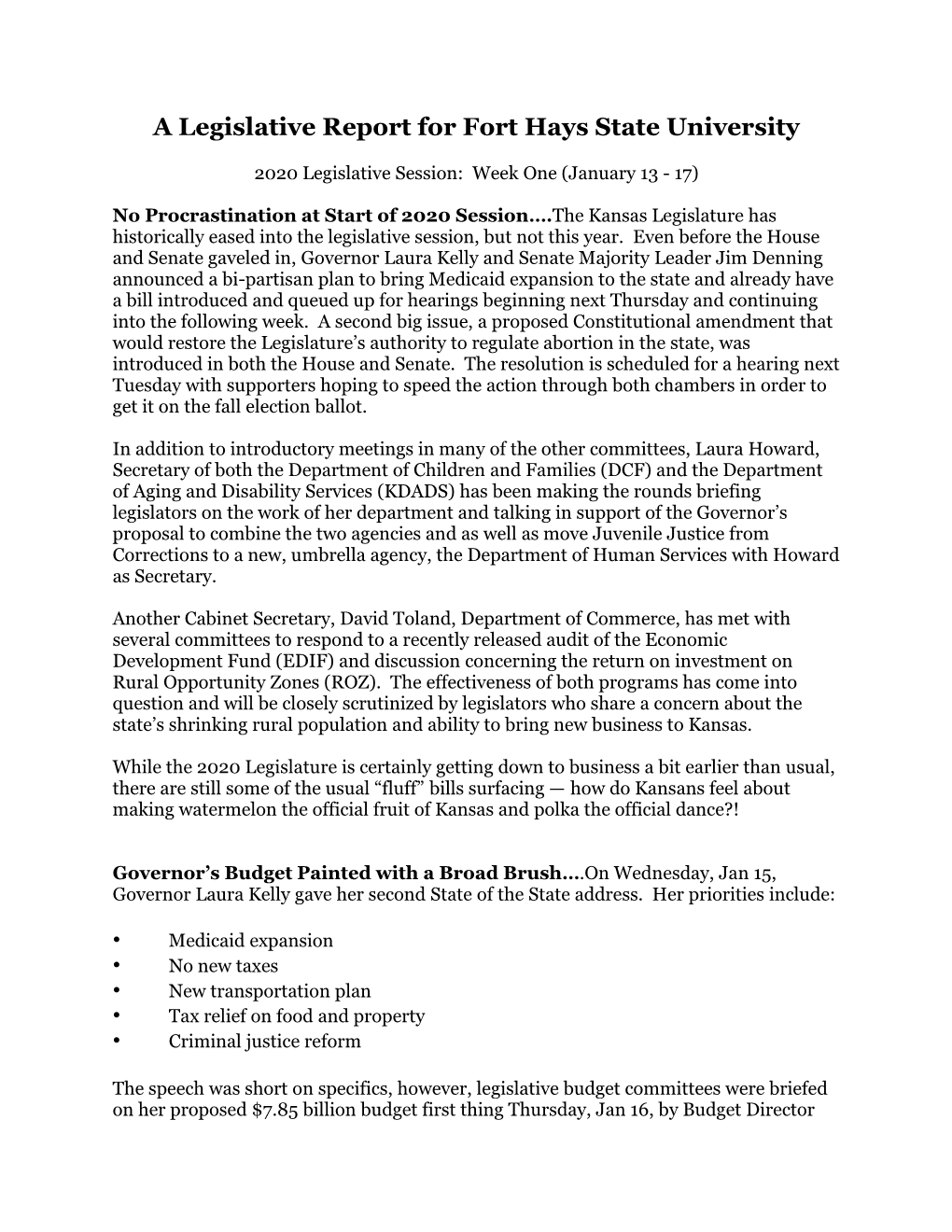 A Legislative Report for Fort Hays State University