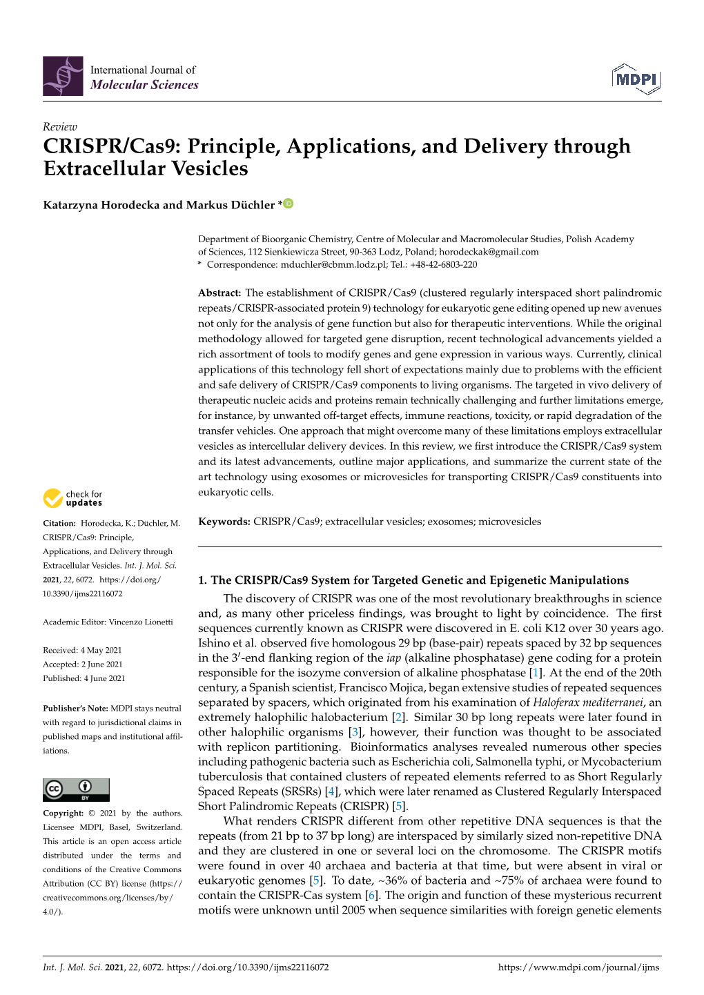 CRISPR/Cas9: Principle, Applications, and Delivery Through Extracellular Vesicles