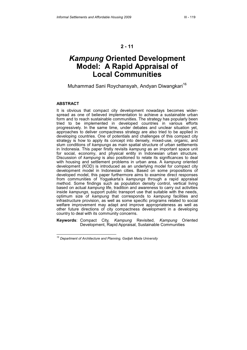 Kampung Oriented Development Model: a Rapid Appraisal of Local Communities