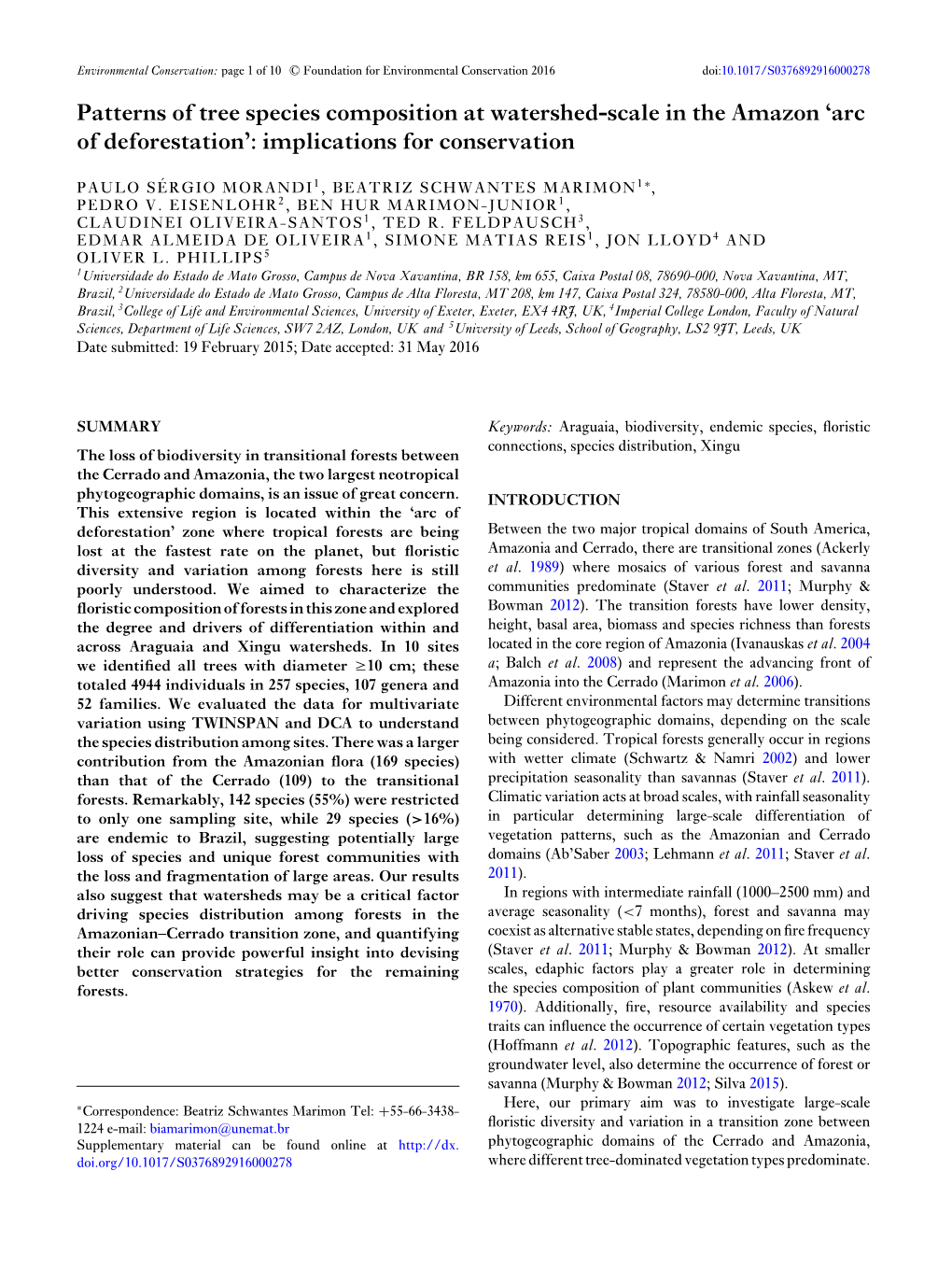 Patterns of Tree Species Composition at Watershed-Scale in the Amazon ‘Arc of Deforestation’: Implications for Conservation