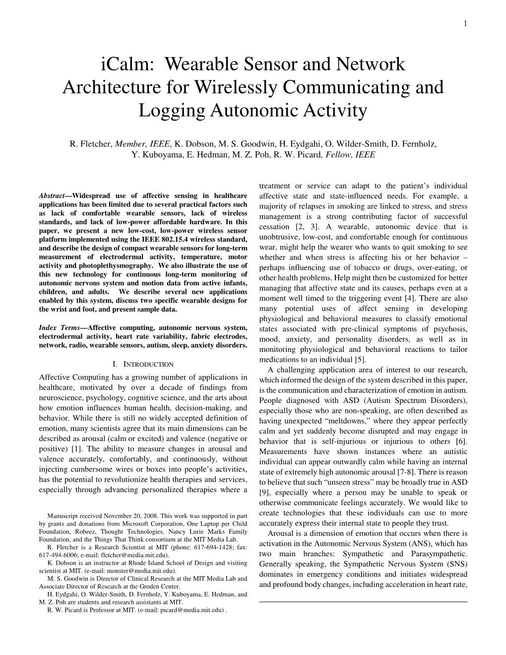 Icalm: Wearable Sensor and Network Architecture for Wirelessly Communicating and Logging Autonomic Activity