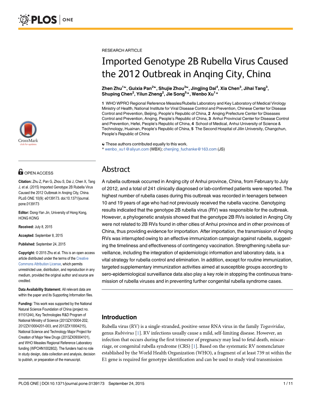 Imported Genotype 2B Rubella Virus Caused the 2012 Outbreak in Anqing City, China