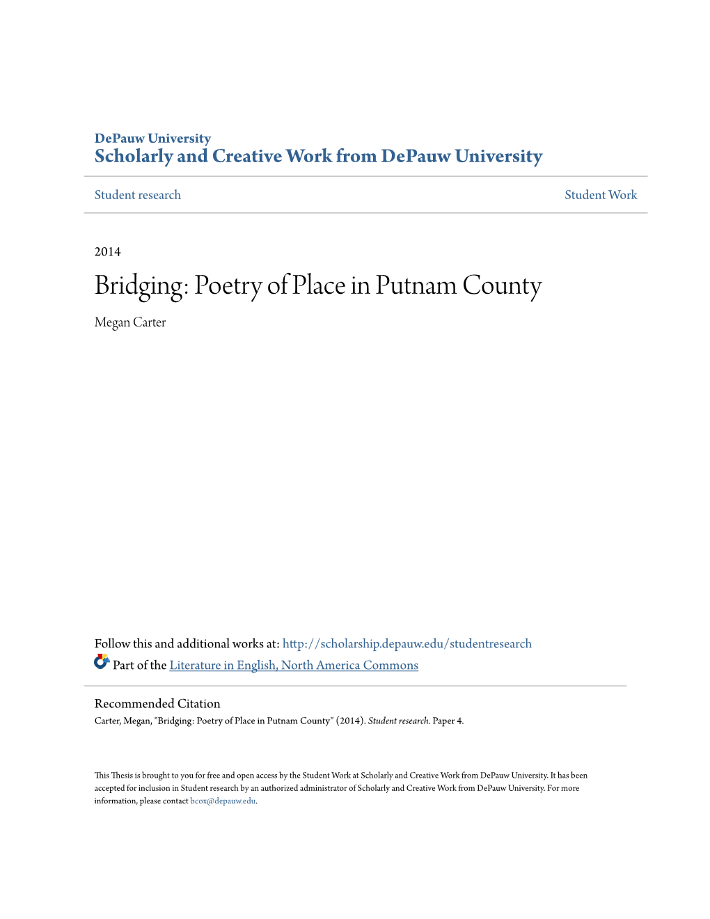 Poetry of Place in Putnam County Megan Carter