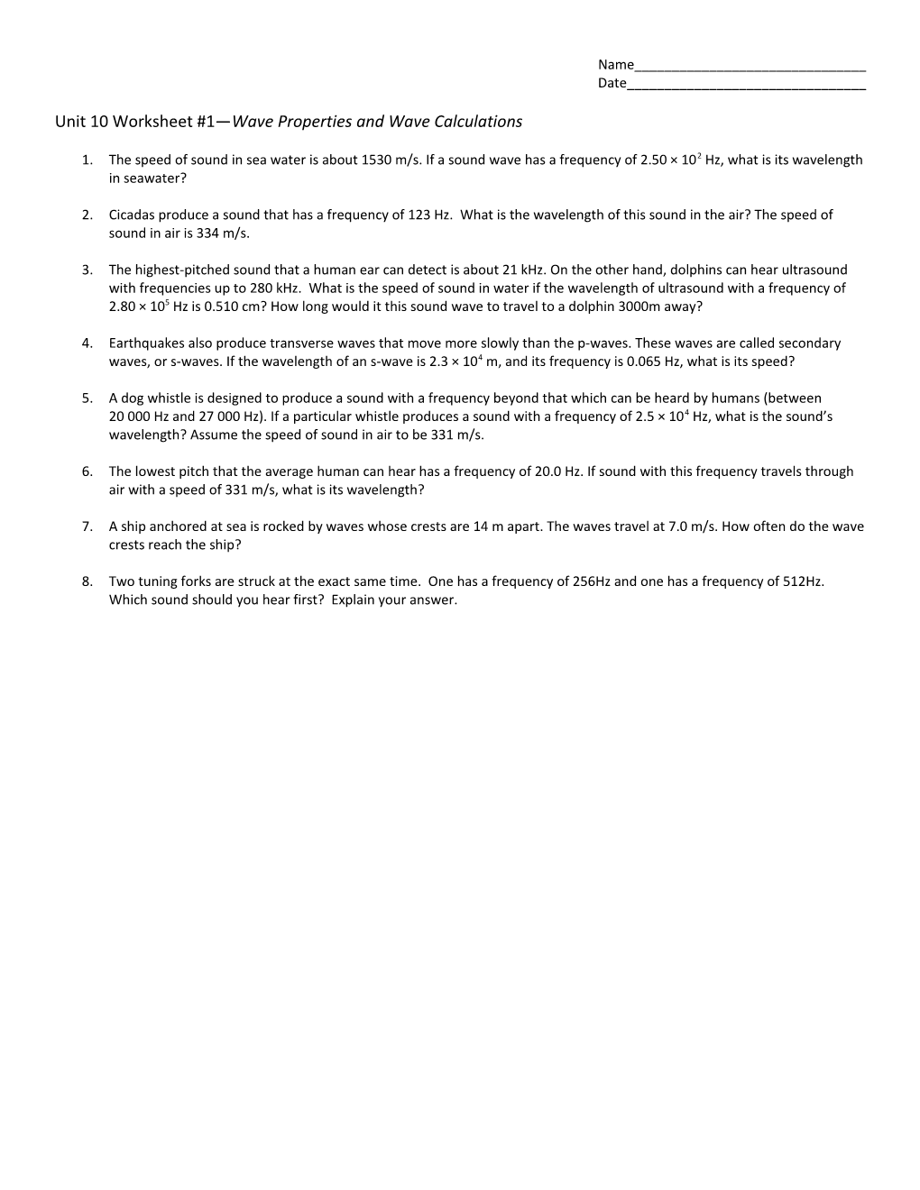 Unit 10 Worksheet #1 Wave Properties and Wave Calculations