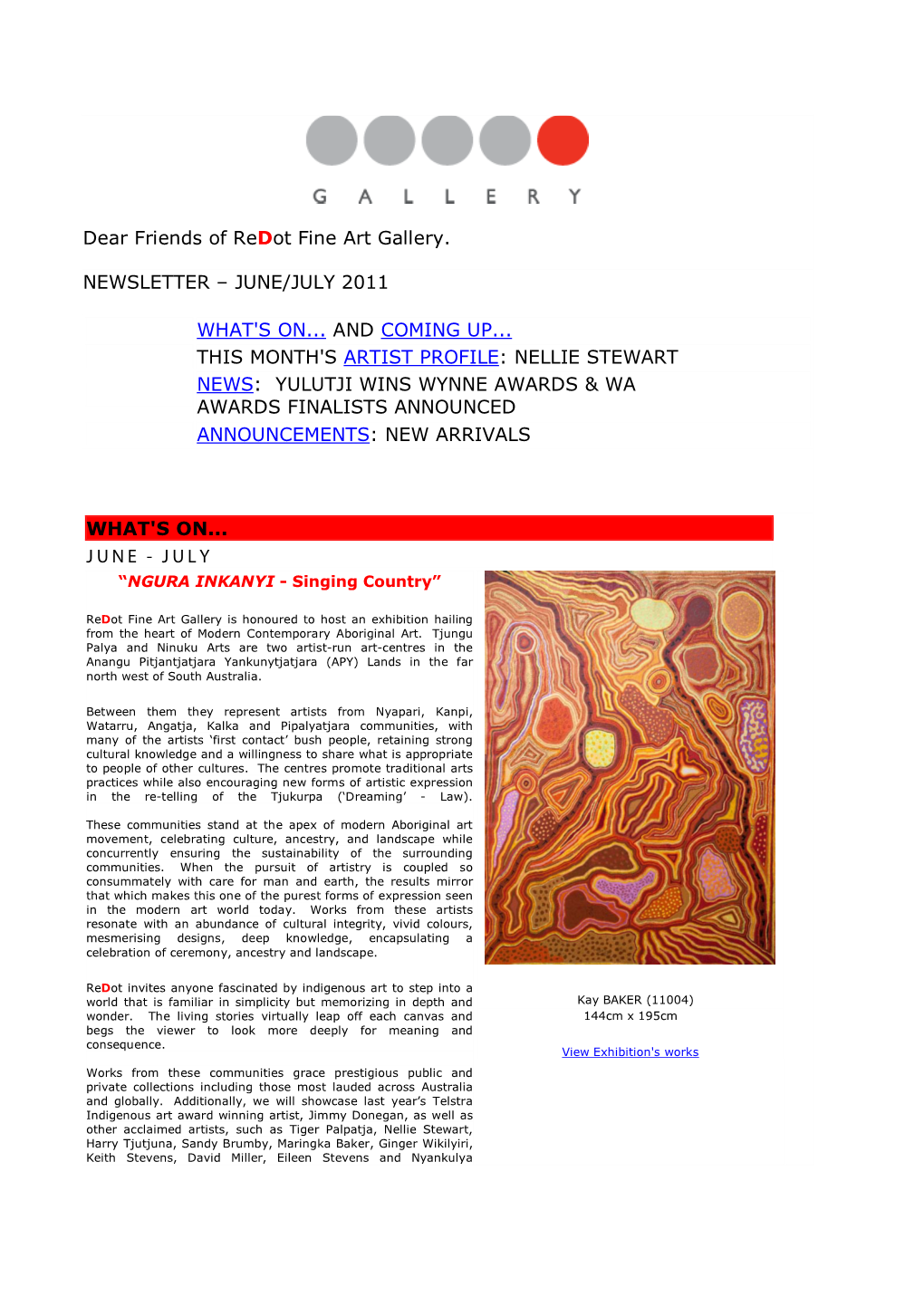 Dear Friends of Redot Fine Art Gallery. NEWSLETTER – JUNE/JULY