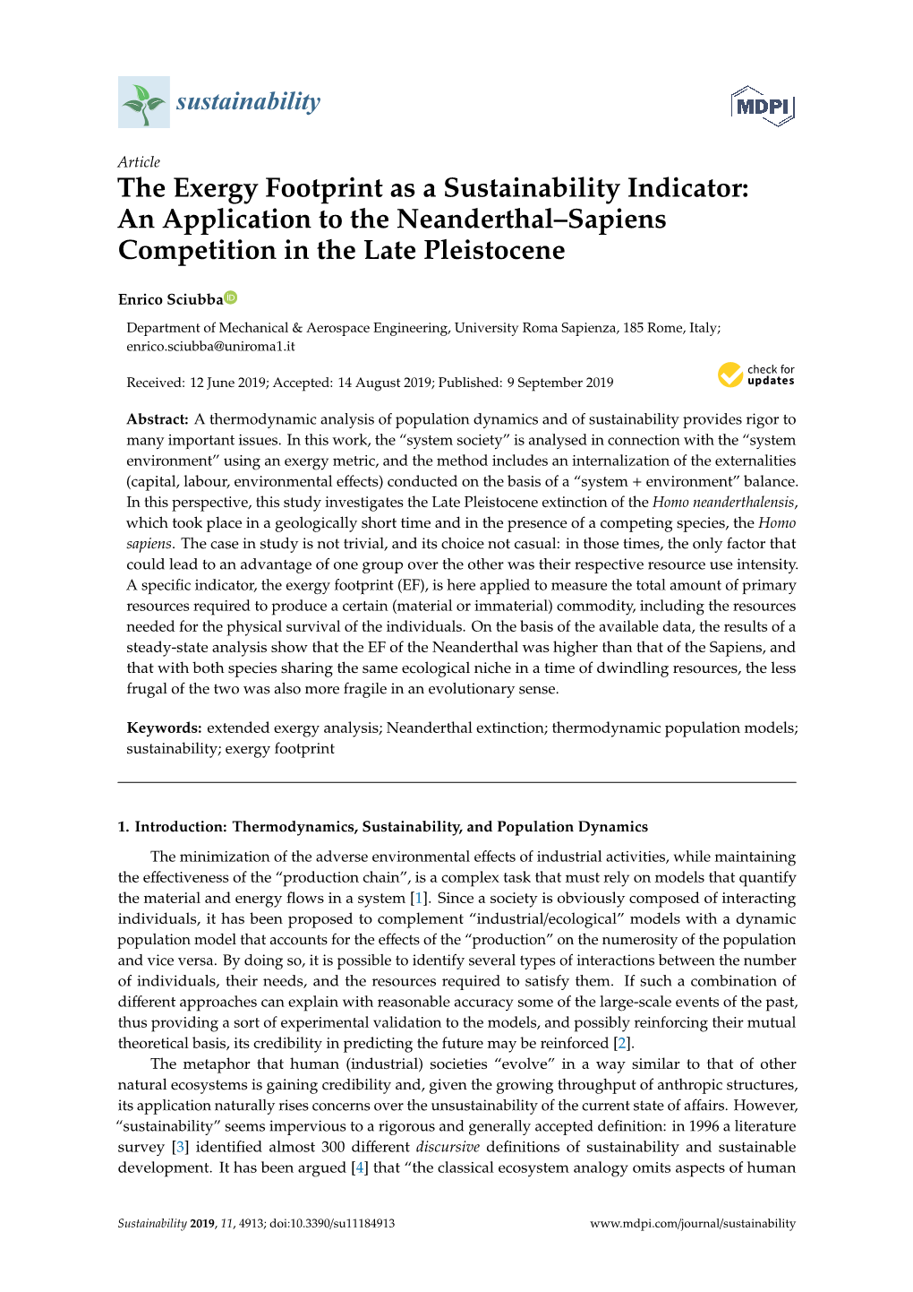 The Exergy Footprint As a Sustainability Indicator: an Application to the Neanderthal–Sapiens Competition in the Late Pleistocene