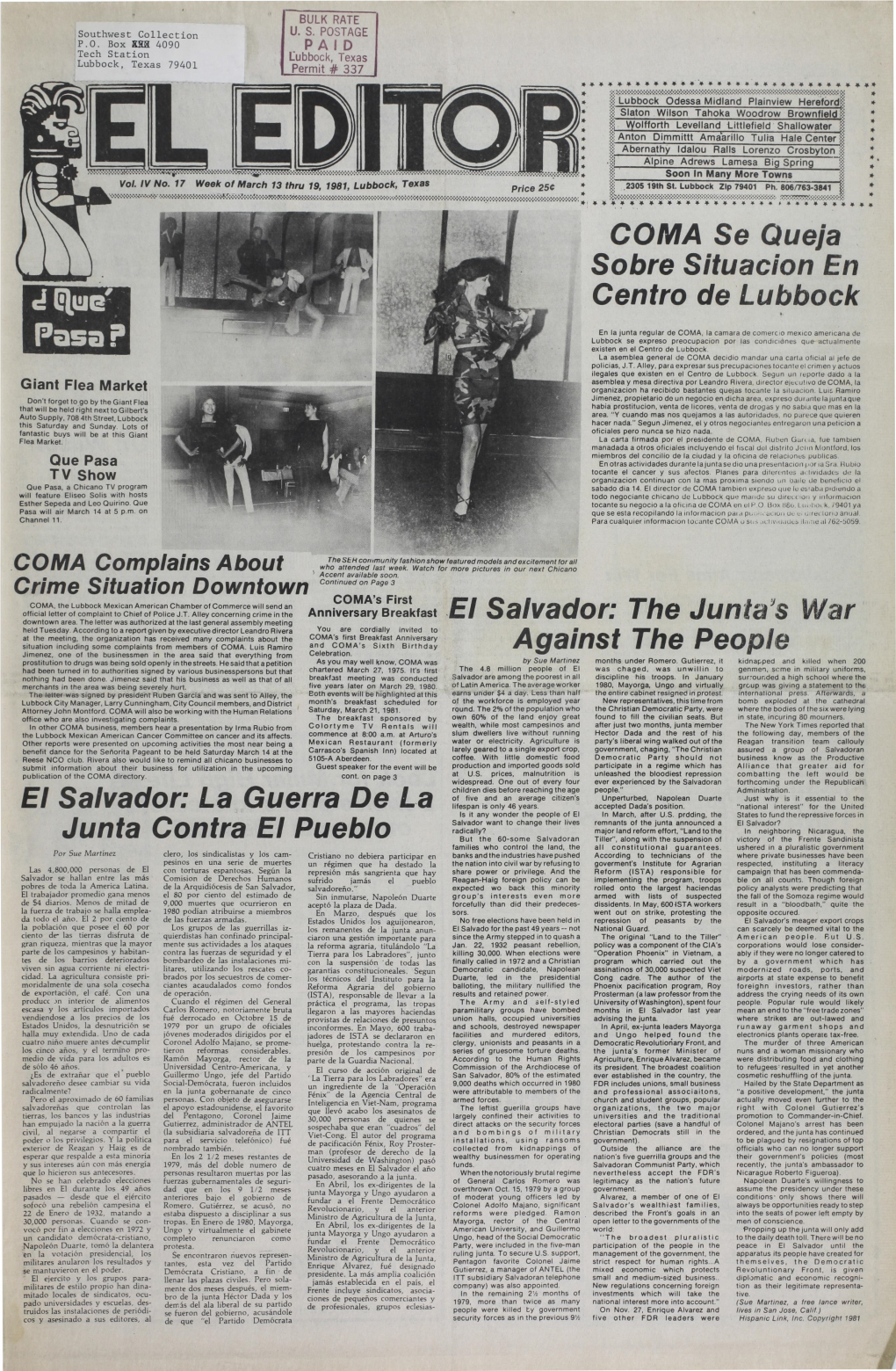 COMA Se Queja Sobre Situacion En Centro De Lubbock Anniversary Breakfast .EI Salvador: the Jun S Against the People El Salvador