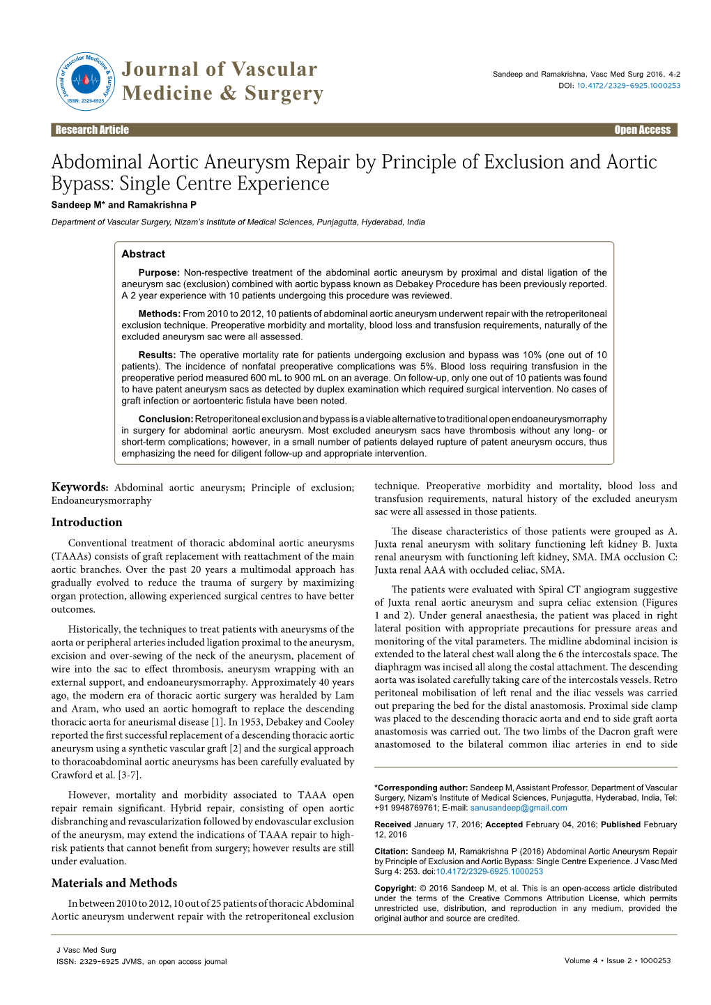 Abdominal Aortic Aneurysm Repair by Principle of Exclusion and Aortic Bypass