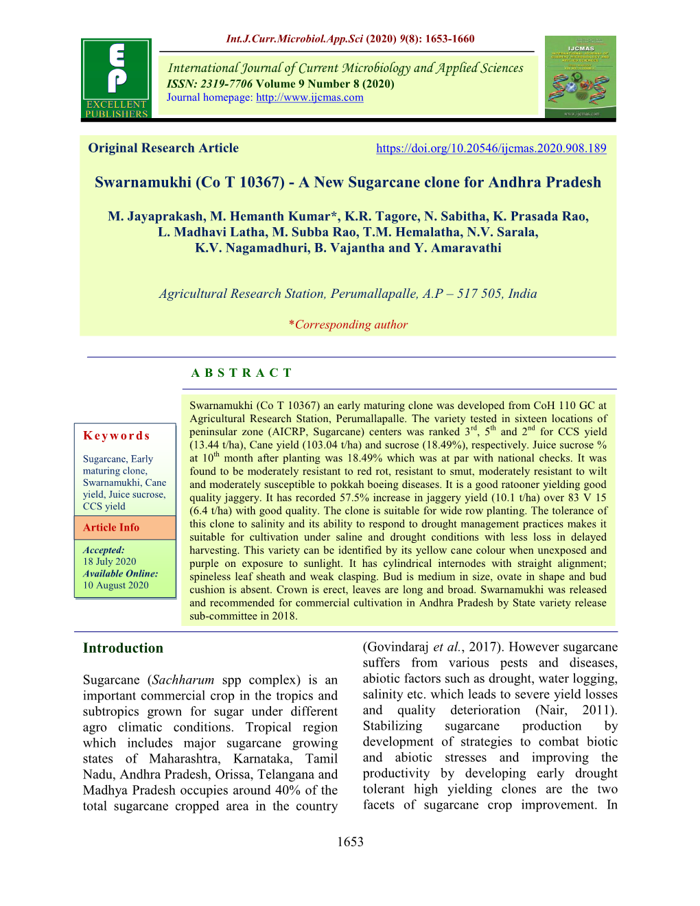 Swarnamukhi (Co T 10367) - a New Sugarcane Clone for Andhra Pradesh