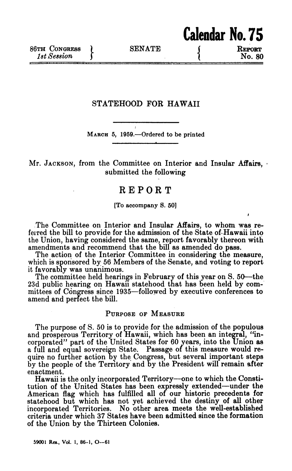 U.S. Senate Report 80 for S. 50 (March 1959)