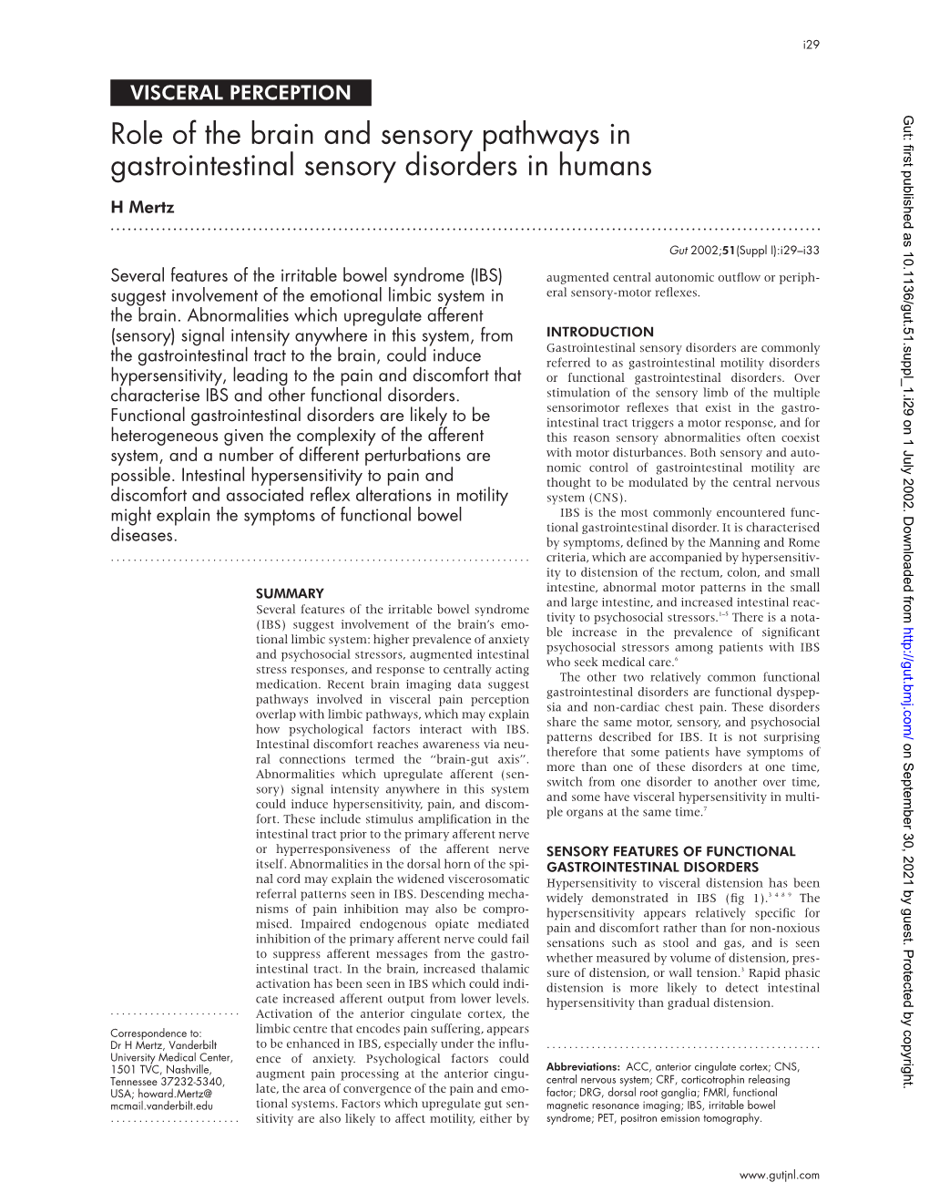 Role of the Brain and Sensory Pathways in Gastrointestinal Sensory Disorders in Humans H Mertz