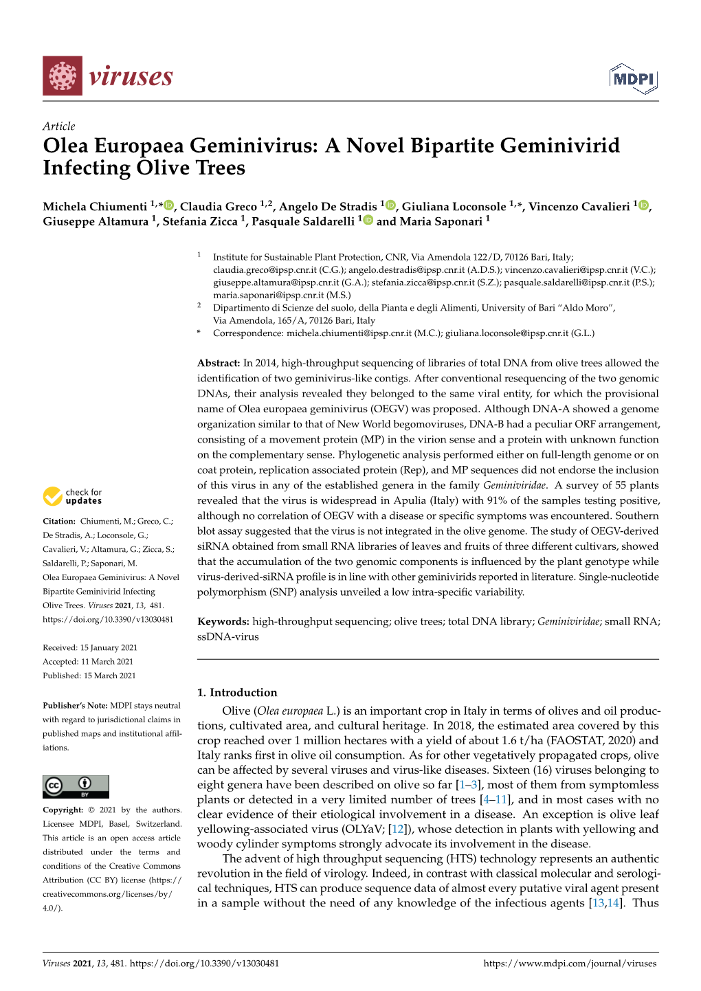 Olea Europaea Geminivirus: a Novel Bipartite Geminivirid Infecting Olive Trees