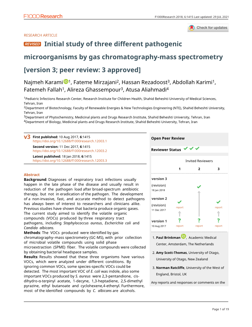 Initial Study of Three Different Pathogenic Microorganisms by Gas Chromatography-Mass Spectrometry [Version 3; Peer Review: 3 Approved]