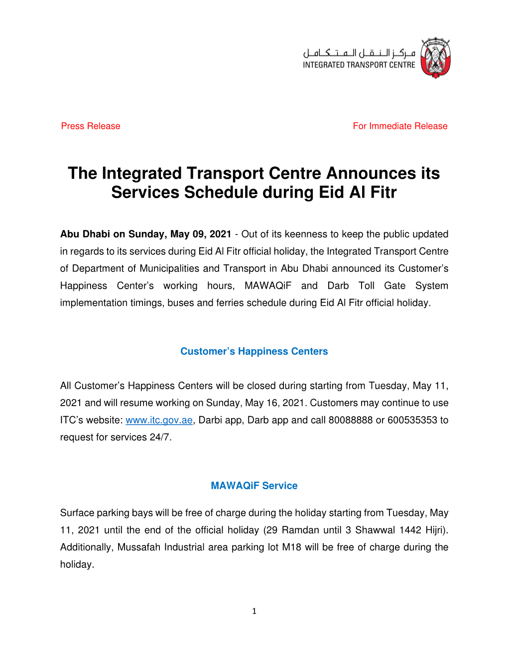 The Integrated Transport Centre Announces Its Services Schedule During Eid Al Fitr