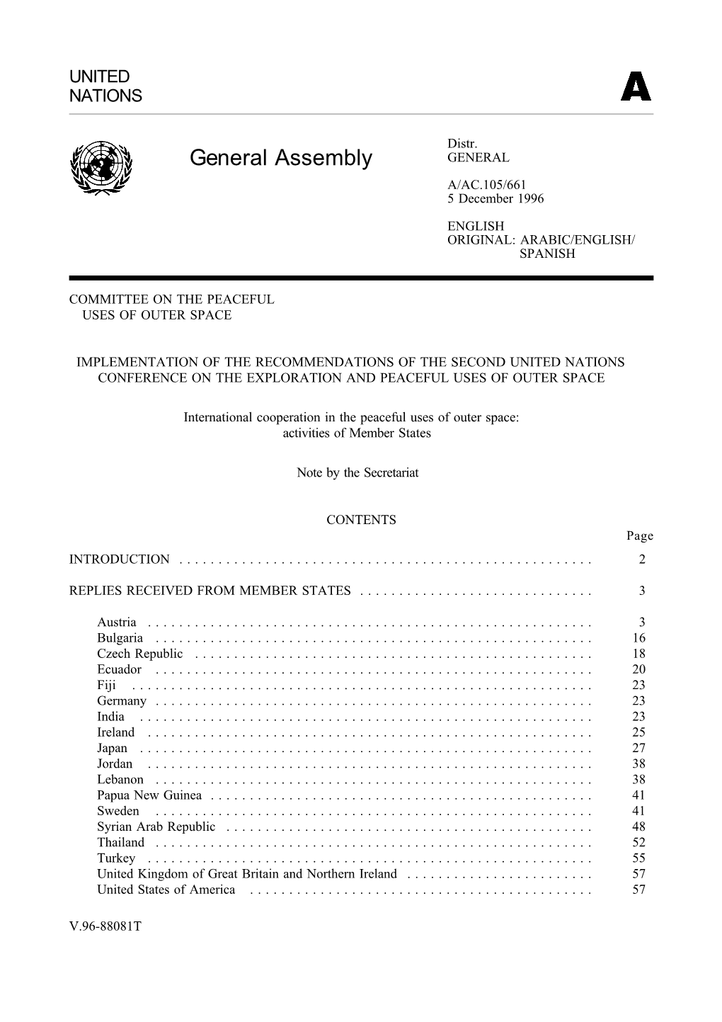 General Assembly GENERAL A/AC.105/661 5 December 1996