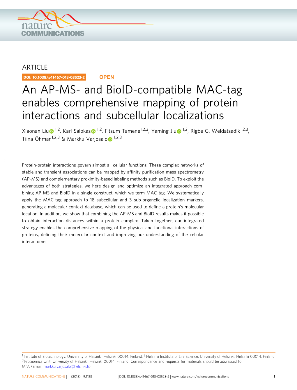 An AP-MS- and Bioid-Compatible MAC-Tag Enables Comprehensive Mapping of Protein Interactions and Subcellular Localizations