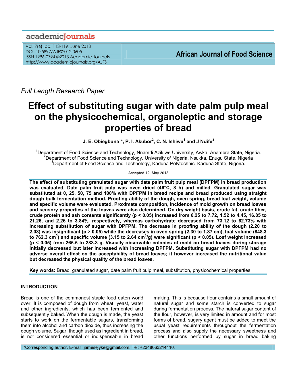 Effect of Substituting Sugar with Date Palm Pulp Meal on the Physicochemical, Organoleptic and Storage Properties of Bread
