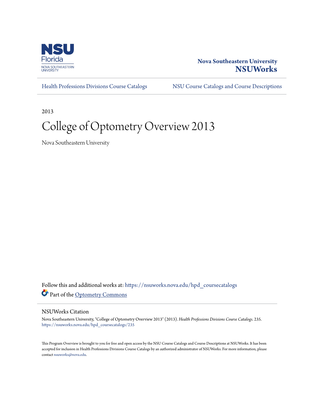 College of Optometry Overview 2013 Nova Southeastern University