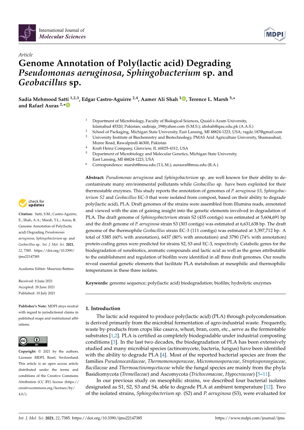 Genome Annotation of Poly(Lactic Acid) Degrading Pseudomonas Aeruginosa, Sphingobacterium Sp. and Geobacillus Sp