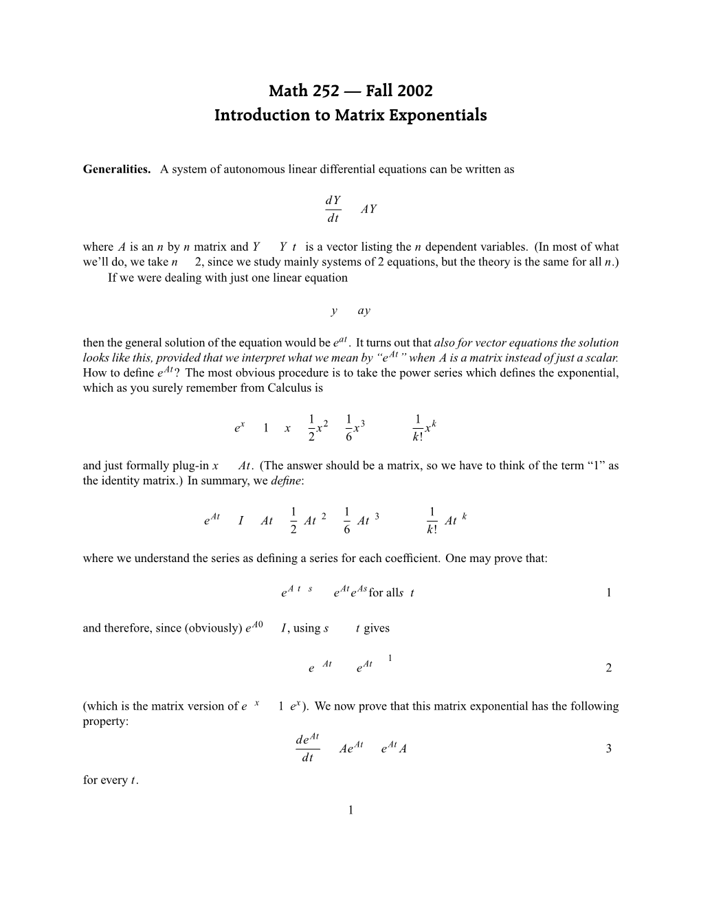 Introduction to Matrix Exponentials