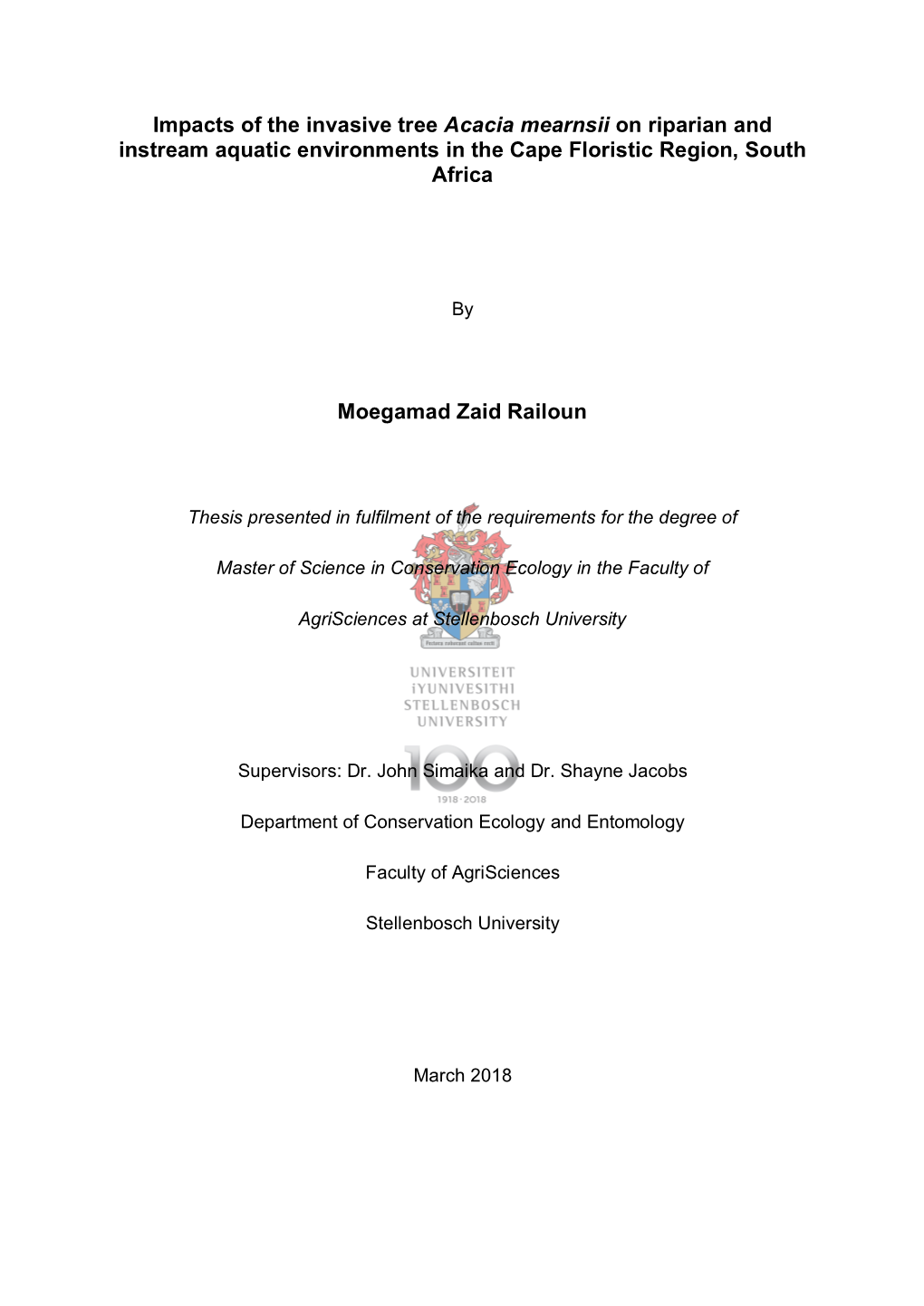 Impacts of the Invasive Tree Acacia Mearnsii on Riparian and Instream Aquatic Environments in the Cape Floristic Region, South Africa