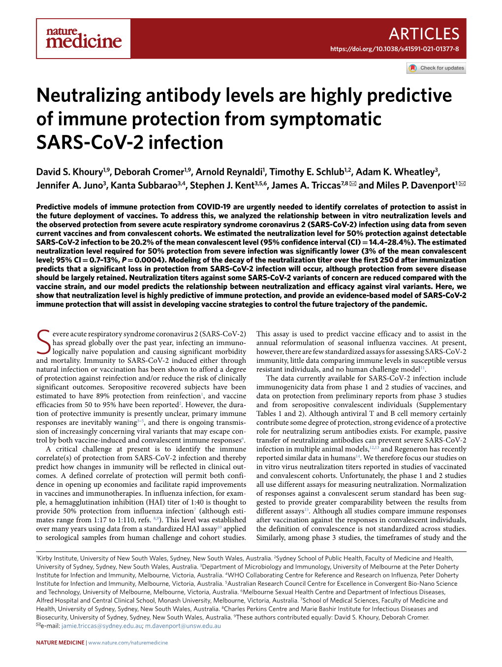 Neutralizing Antibody Levels Are Highly Predictive of Immune Protection from Symptomatic SARS-Cov-2 Infection