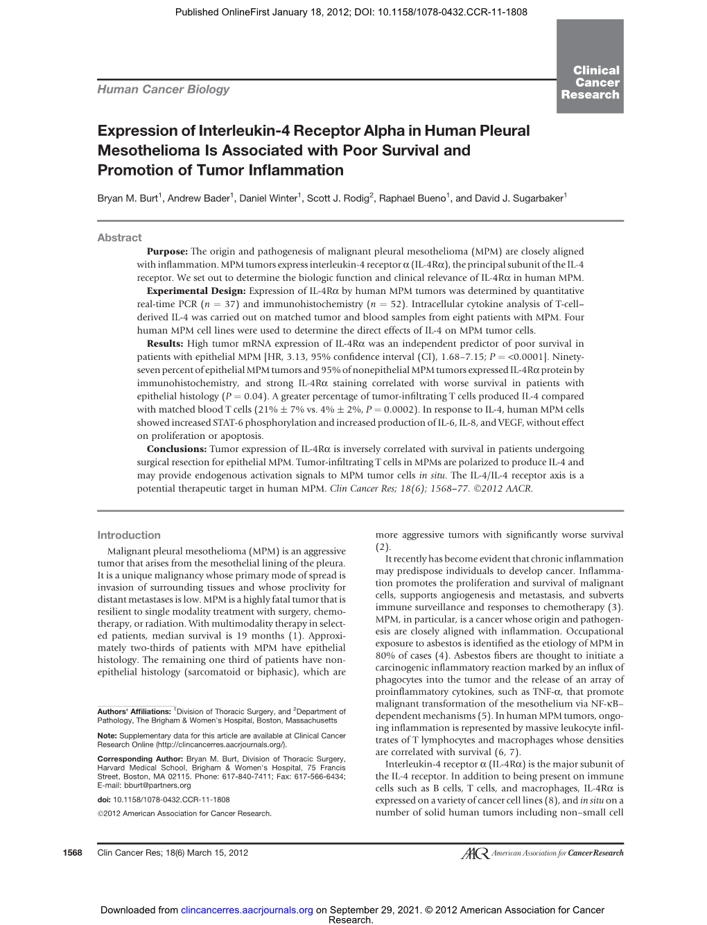 Expression of Interleukin-4 Receptor Alpha in Human Pleural Mesothelioma Is Associated with Poor Survival and Promotion of Tumor Inﬂammation