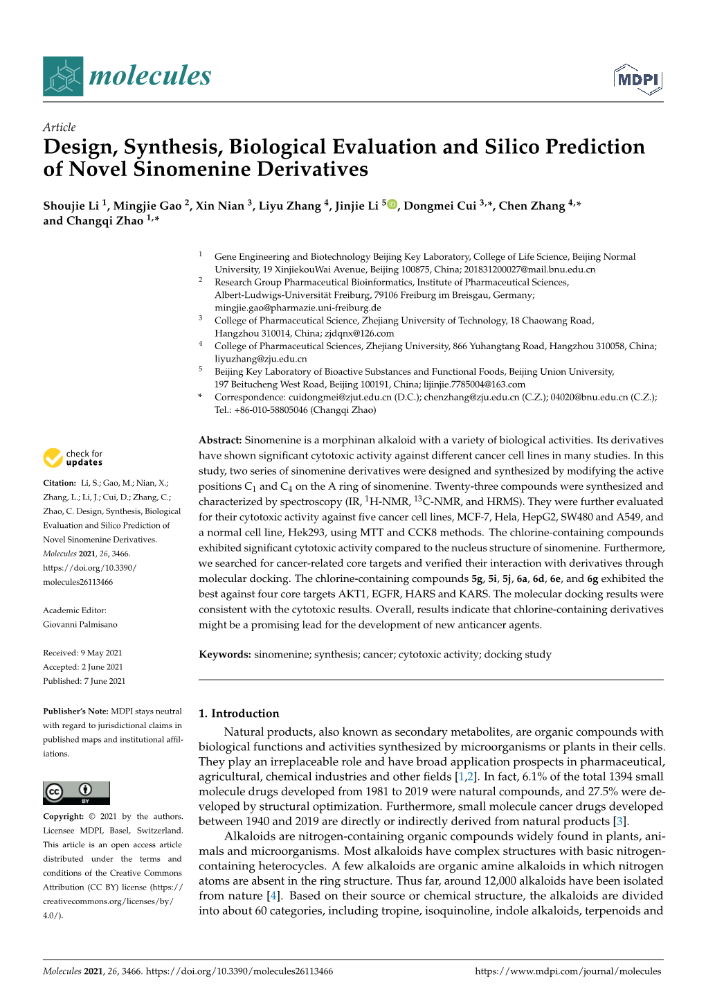 Design, Synthesis, Biological Evaluation and Silico Prediction of Novel Sinomenine Derivatives