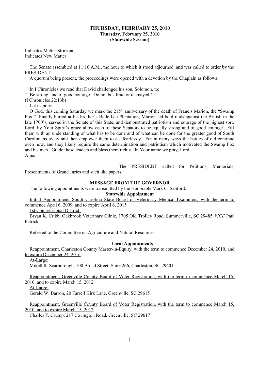 Senate Journal for Feb. 25, 2010 - South Carolina Legislature Online