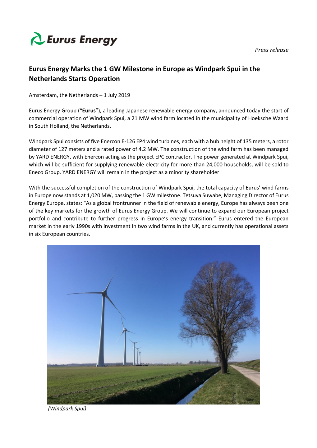 Eurus Energy Marks the 1 GW Milestone in Europe As Windpark Spui in the Netherlands Starts Operation